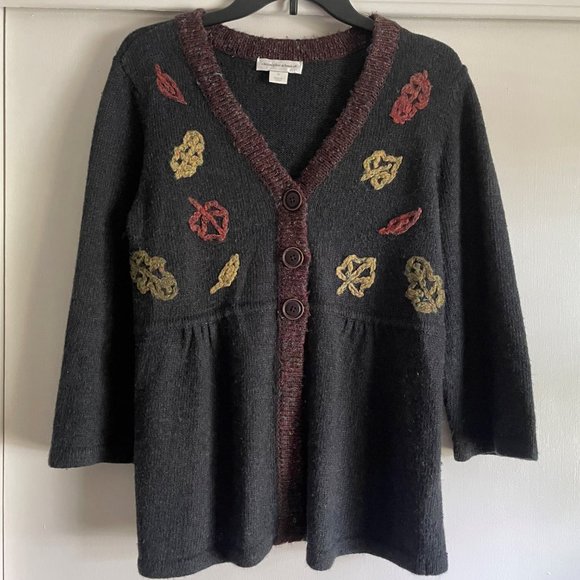 Christopher & Banks Button  Peplum Cardigan Fall Sweater M Embroidered Leaves - Picture 5 of 9